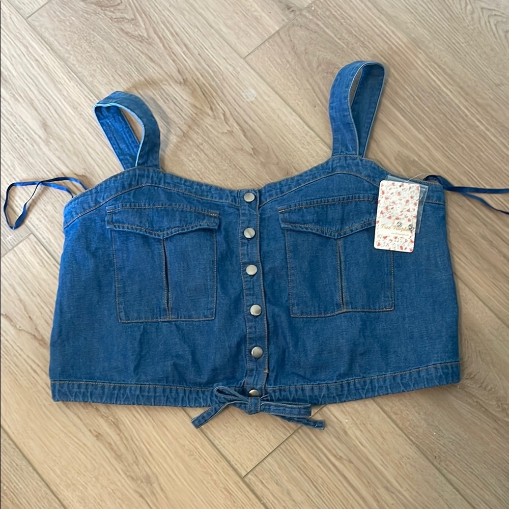 Free People Blue Denim Button-Up Crop Top